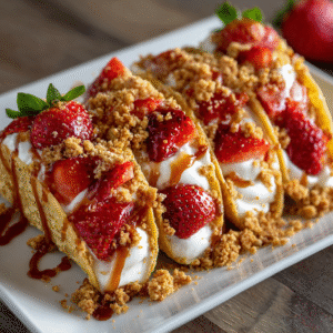 Imagine biting into a delicate, golden waffle cone filled with rich, creamy cheesecake and topped with fresh strawberries and a delightful crunch topping. These strawberry crunch cheesecake tacos are revolutionizing the dessert world by combining the playful presentation of tacos with the sophisticated flavors of premium cheesecake.