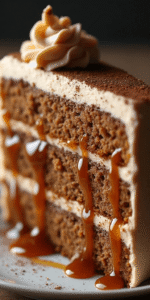 What makes this cake so special is the layering of complementary flavors and textures. The coffee cake layers are incredibly moist and tender, with a deep, rich coffee flavor that's never bitter. Between these layers sits a cloud-like coffee buttercream that's sweet, smooth, and perfectly balanced. Running through the center is a generous drizzle of homemade caramel sauce that adds richness and a touch of sophistication. The final touch—a light dusting of cocoa powder and decorative swirls of caramel sauce—transforms this cake into a work of art.