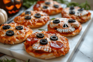 The creative decorating possibilities are endless. The photograph shows a variety of designs: classic jack-o'-lantern faces made with pepperoni and cheese, spooky skull pizzas using mozzarella shaped into skulls with olive eyes and teeth, and friendly ghost pizzas with simple mozzarella circles and black olive features. Each one has personality and charm, proving that you don't need artistic skills to create impressive results.