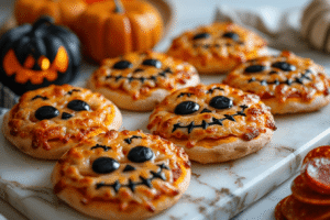 The creative decorating possibilities are endless. The photograph shows a variety of designs: classic jack-o'-lantern faces made with pepperoni and cheese, spooky skull pizzas using mozzarella shaped into skulls with olive eyes and teeth, and friendly ghost pizzas with simple mozzarella circles and black olive features. Each one has personality and charm, proving that you don't need artistic skills to create impressive results.