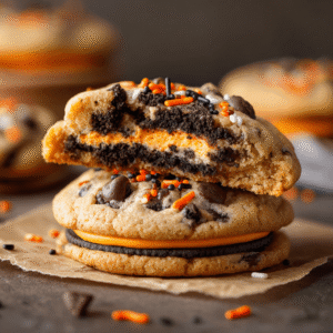 Halloween Oreo Stuffed Chocolate Chip Cookies with orange-filled Oreos hidden inside. Easy recipe creates impressive Halloween treats!