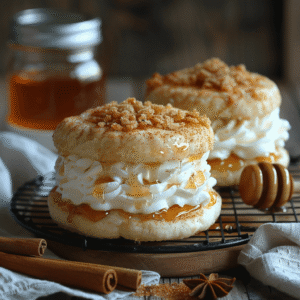 Looking at the photograph, you can see exactly what makes these whoopie pie cookies so appealing: the golden-brown cookies dusted with sparkling cinnamon sugar, sandwiching a thick layer of cream-colored caramel buttercream that's generously drizzled with glossy caramel sauce. The cross-section reveals the tender cookie crumb and that luxurious filling – it's an image that makes your mouth water instantly.