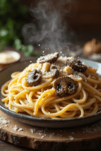 Imagine pulling a generous portion of pasta onto your plate—long strands of perfectly cooked pasta twisted into an elegant pile. The cream sauce pools slightly at the base, its pale ivory color speckled with dark mushroom slices and flecks of parsley. Wisps of steam rise gracefully from the hot pasta. A generous shower of freshly grated Parmesan sits atop like fresh snow, and a few whole mushrooms nestle artistically alongside the pasta, garnished with fresh herbs.