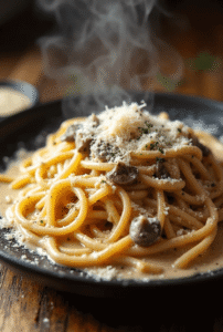 Imagine pulling a generous portion of pasta onto your plate—long strands of perfectly cooked pasta twisted into an elegant pile. The cream sauce pools slightly at the base, its pale ivory color speckled with dark mushroom slices and flecks of parsley. Wisps of steam rise gracefully from the hot pasta. A generous shower of freshly grated Parmesan sits atop like fresh snow, and a few whole mushrooms nestle artistically alongside the pasta, garnished with fresh herbs.