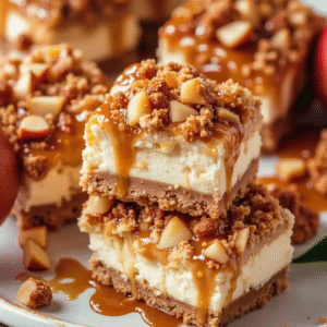 The inspiration for my caramel apple cheesecake bars came from an autumn farmers market visit where I bought far too many apples. I had apples for eating, apples for sauce, apples for baking—more apples than any reasonable person could use. I wanted to create something special with them, something that captured everything I love about fall desserts in one bite. These bars were the answer: a graham cracker crust, a layer of cinnamon-spiced apples, creamy cheesecake, streusel topping, and ribbons of golden caramel. They're essentially autumn on a plate.
