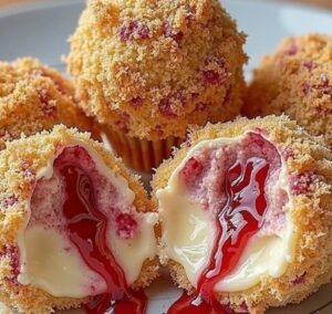 The image tells the whole story: five golden-crusted spheres arranged on a white plate, each one generously topped with a vibrant red strawberry sauce that pools around them. The coating has that gorgeous, crunchy texture—reminiscent of graham cracker crust but even better. When you break one open, you reveal a pristine white cheesecake interior beautifully marbled with strawberry swirls.

These Strawberry Crunch Cheesecake Bites are essentially deconstructed cheesecake reimagined as hand-held treats. They're perfect for parties, showers, or any time you want a sophisticated dessert that's still fun and approachable.