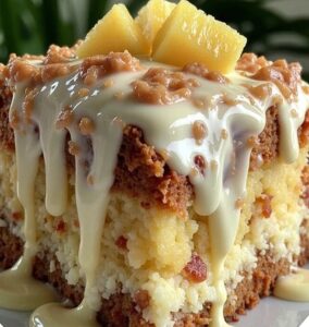 Looking at the image, you can see exactly why this tropical cake is so captivating. A generous square of layered cake reveals distinct sections: a rich, golden-brown crumb topping on top, a creamy white vanilla layer in the middle, and another golden base layer, all finished with a generous drizzle of pale, smooth cream cheese frosting. Small chunks of pineapple peek through the layers, and the whole thing practically glows with buttery richness.