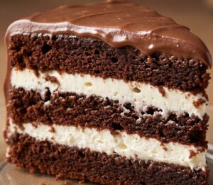 The beauty of this chocolate layer cake with cream filling lies in its perfect balance of textures and flavors. The cake itself is incredibly moist and tender, thanks to the combination of cocoa powder, hot water, and the right ratio of sugars. The white cream filling provides a sweet, vanilla-infused contrast that cuts through the richness of the chocolate, while the chocolate ganache adds a luxurious finish that's both beautiful and delicious.