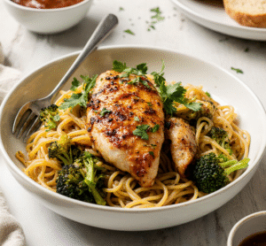 Spicy Garlic Chicken and Broccoli Noodle Bowls: Easy One-Pan Dinner