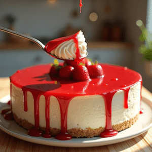This no-bake strawberry cheesecake is one of the most beautiful desserts I've ever made, and the pictures tell the story better than words: a tall, perfectly round cheesecake with bright white sides, draped in a deep crimson strawberry glaze that drips dramatically over the edges and pools on the serving plate. Whole fresh strawberries crown the top. A fork lifts a perfect bite — you can see the cheesecake is smooth, dense, and creamy all the way through, sitting on a golden cookie crust base. It is, in every sense, show-stopping.
