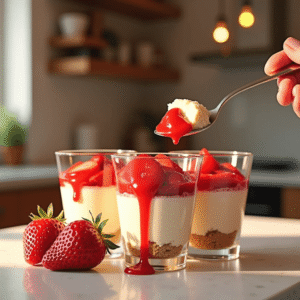 The inspiration for these cups is those gorgeous clear glasses you see in the photos: a golden cookie crust on the bottom, a thick layer of silky cream cheese filling in the middle, and a pile of glossy strawberries in a deep red sauce on top — plus a dramatic drizzle of strawberry glaze being poured from a spoon, capturing that perfect food-styling moment. They are absolutely beautiful on a dessert table, and even better to eat.