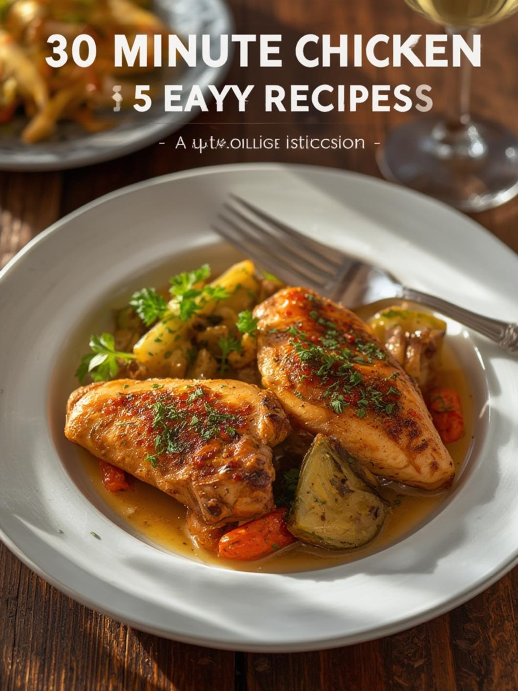 Delicious 30-minute chicken dinner on a plate with lemon wedges