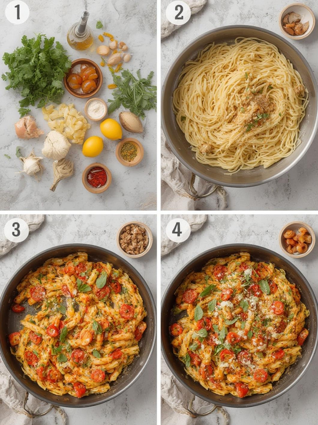Step-by-step visual of ingredients going into a single skillet for one-pan pasta