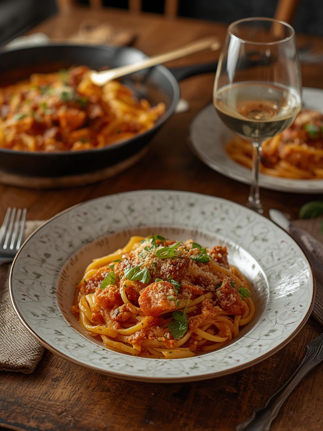 One-pan pasta dinner served in a skillet with herbs and cheese garnish