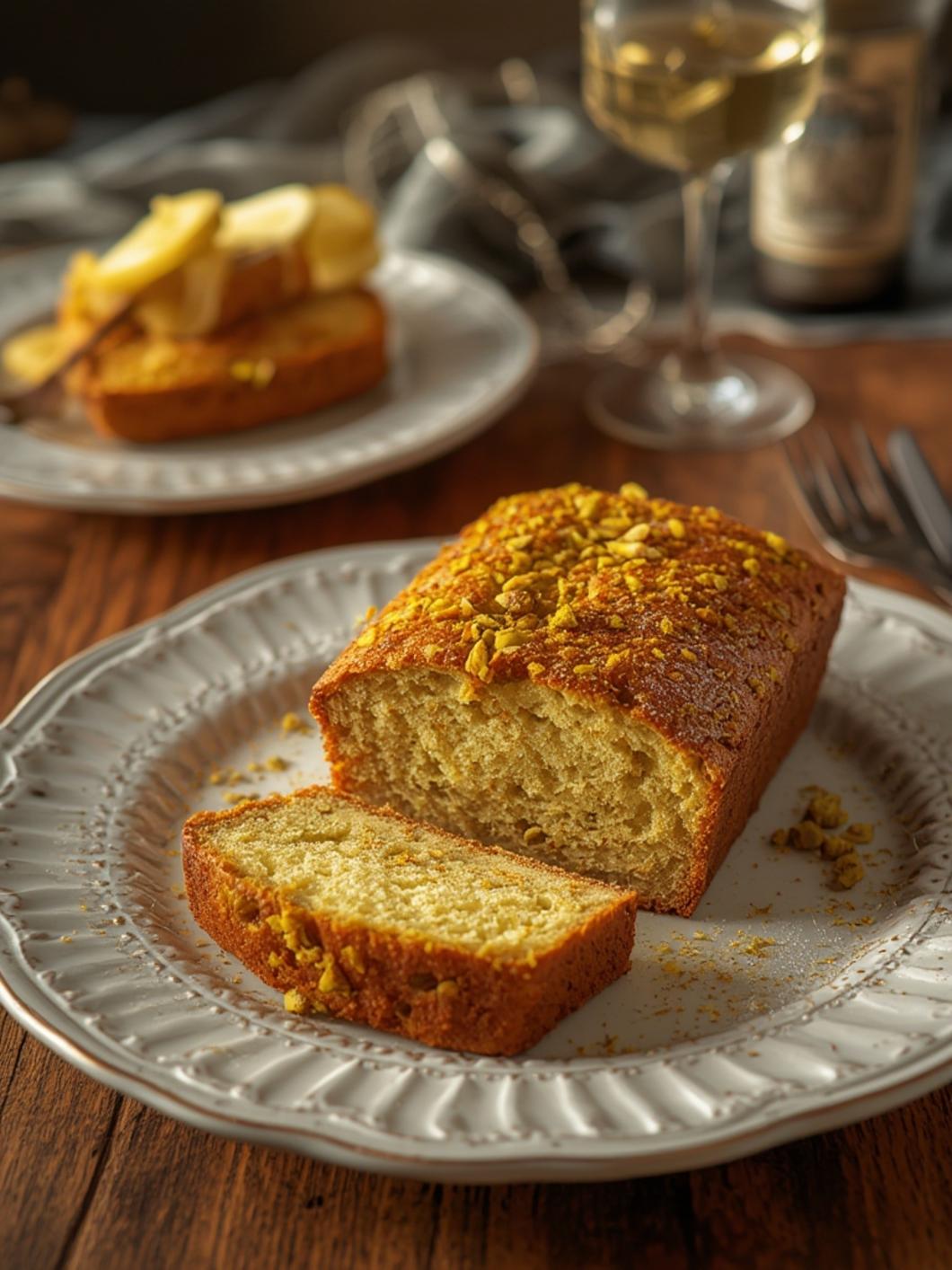 A perfectly baked pistachio lemon loaf cooling on a rack