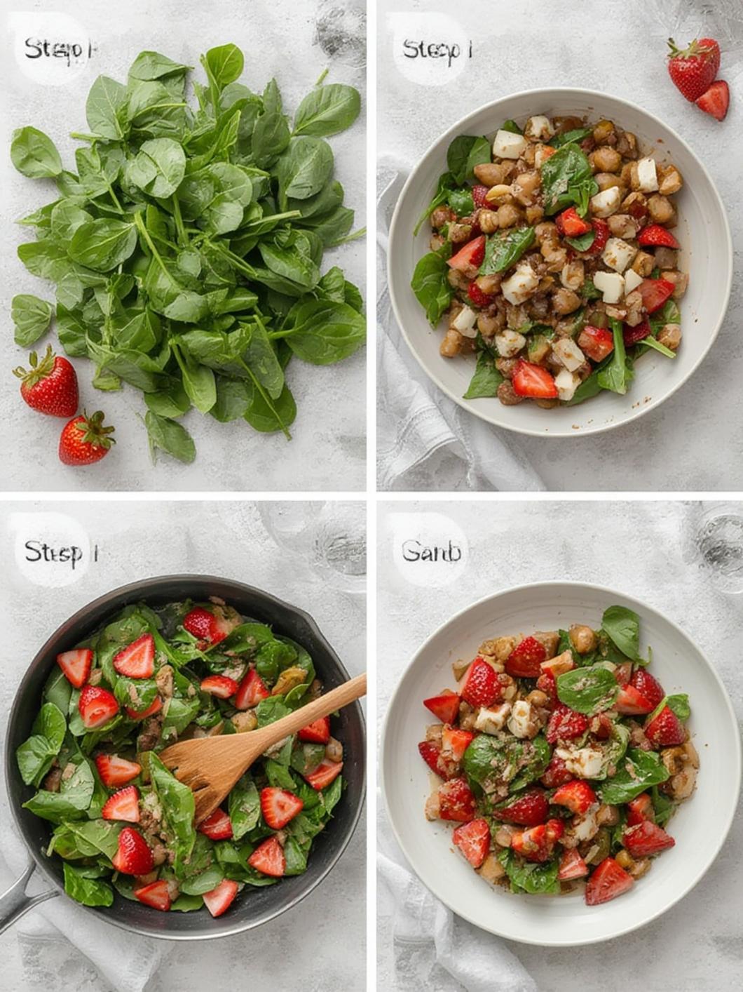 Step-by-step visual guide: washing spinach, slicing strawberries, and drizzling balsamic glaze on the finished salad.