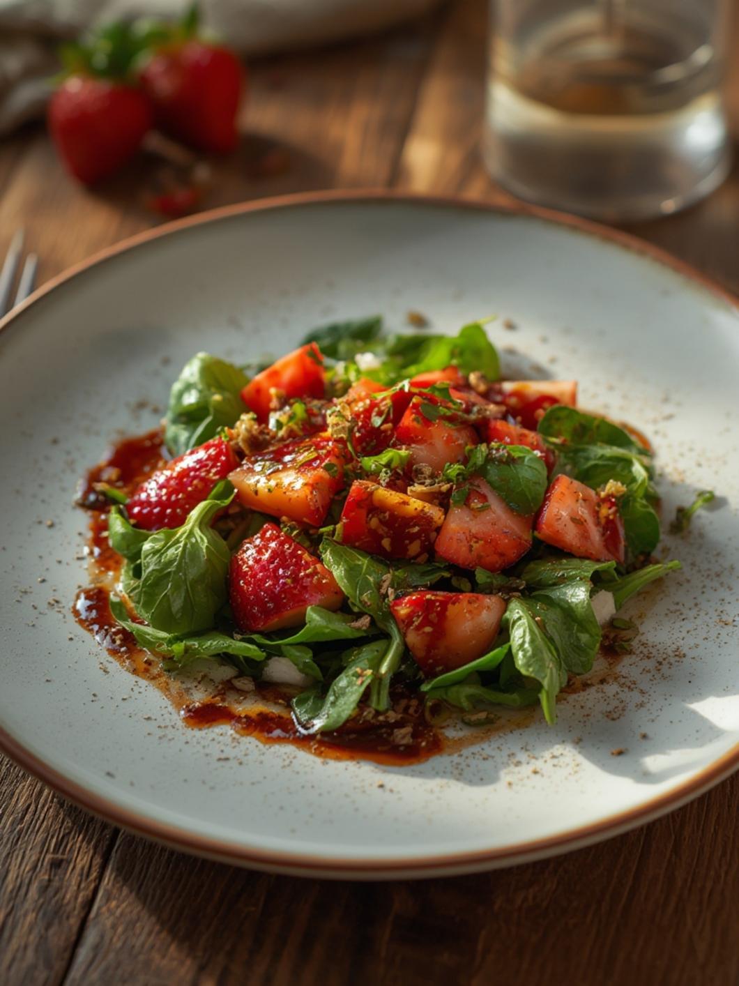 A beautifully plated spinach and strawberry salad with balsamic glaze, showcasing fresh ingredients and glossy dressing.