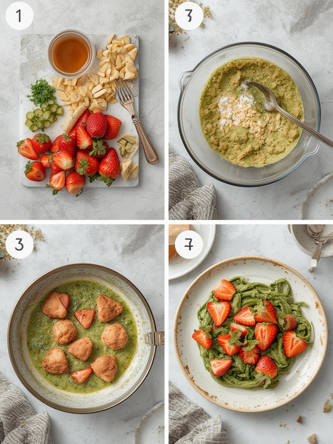 Pouring strawberry puree into a glass for the strawberry matcha latte