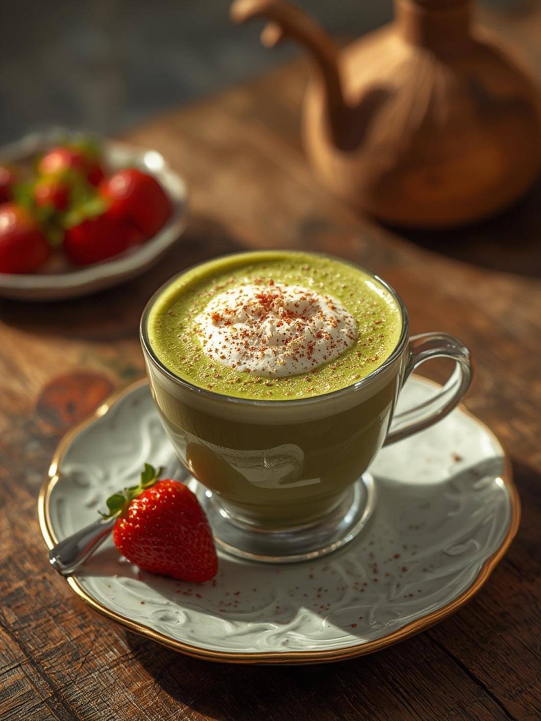 Finished strawberry matcha latte in a clear glass showing distinct layers