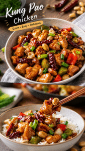 Easy Kung Pao Chicken Recipe Kung Pao chicken with glossy sauce, roasted peanuts, dried red chilies, bell peppers, and green onions in a white bowl.