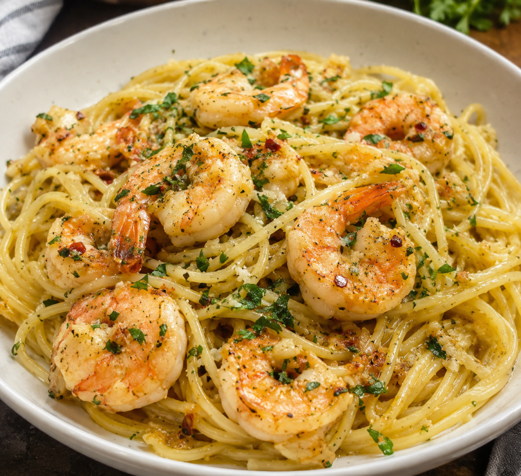Shrimp scampi pasta with garlic butter shrimp, parsley and red pepper flakes over spaghetti